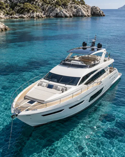Yacht bianco visto dall’alto, in acque turchesi vicino alla costa