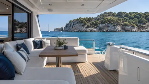 Divani bianchi e pagliolato in teak nel pozzetto di uno yacht