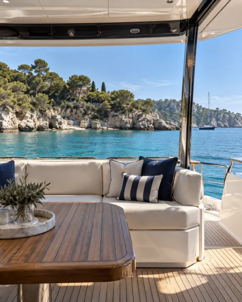 Divani all’aperto sotto il tettuccio di uno yacht